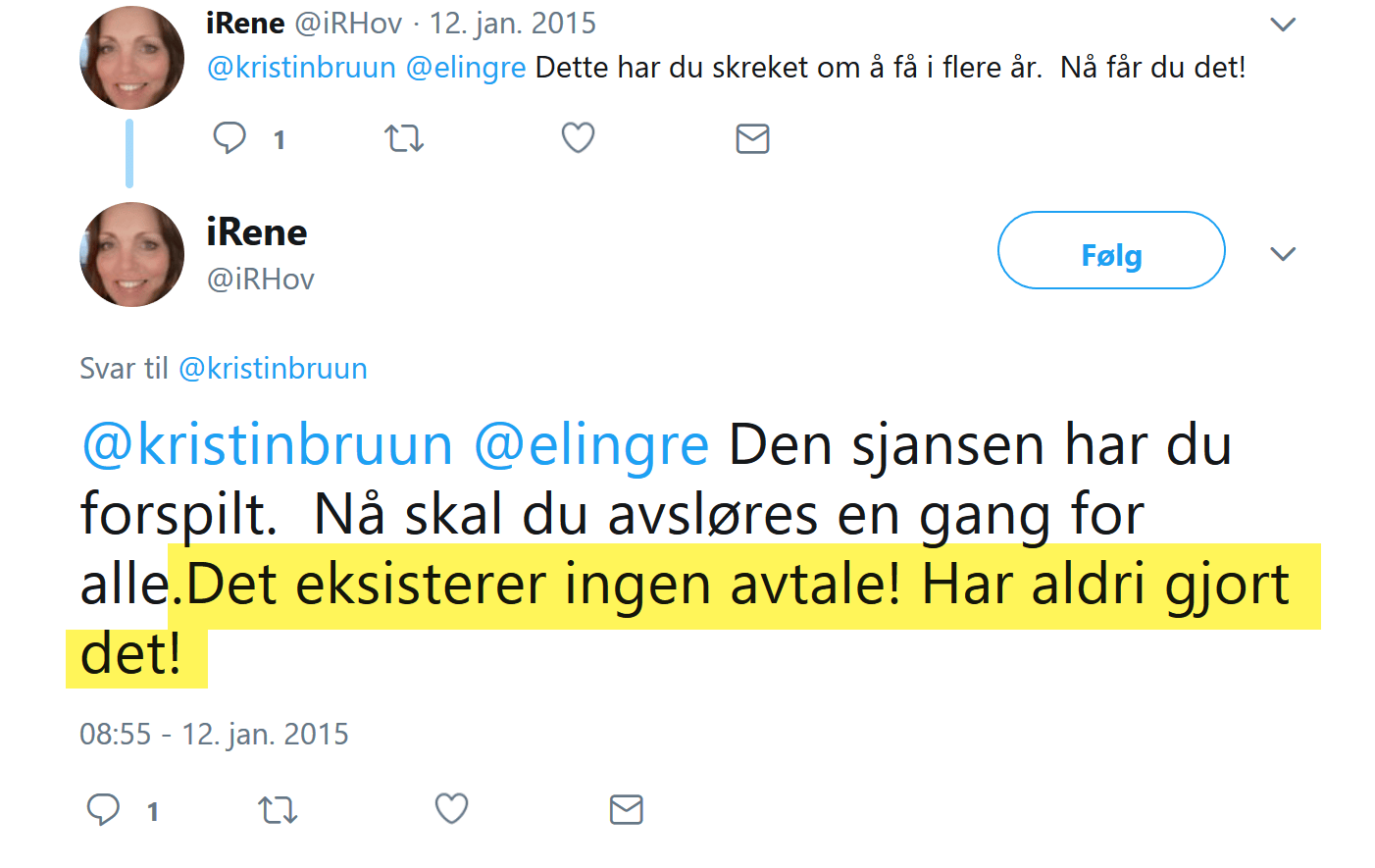 Irene Hov avviser at avtalen med Bruun eksisterer