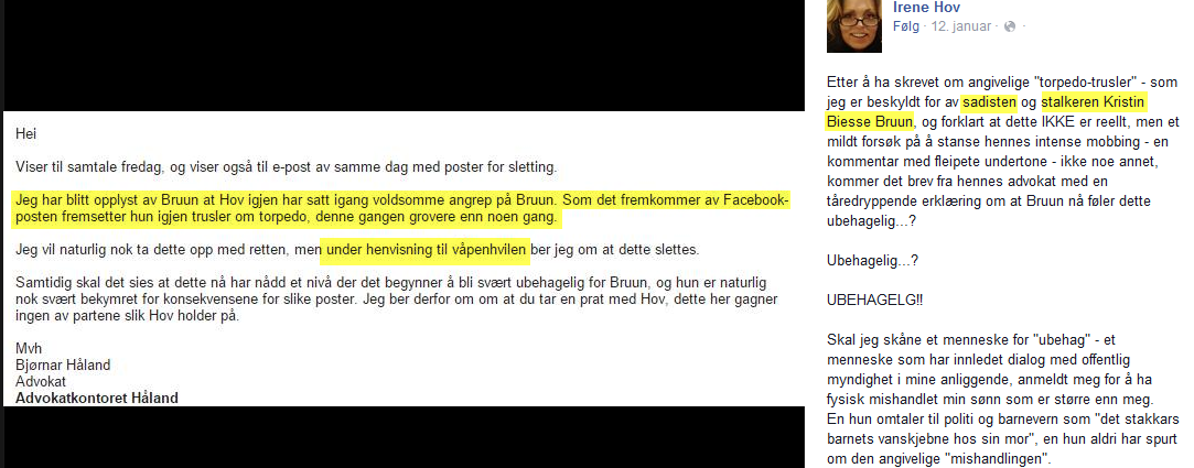 Irene Hov ble veldig fortørnet over at Bruuns advokat ba hennes advokat om å få Hov til å slutte å true Bruun. Hun postet nye usannheter om Bruun.