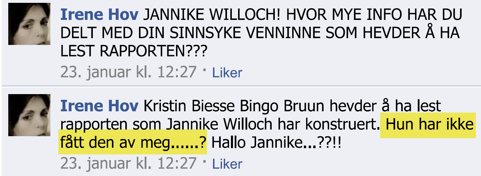 Irene Hov anklager Jannike Willoch for å ha delt den sakkyndige rapporten med Kristin Bruun, og nekter for at hun selv har vist Bruun rapporten.