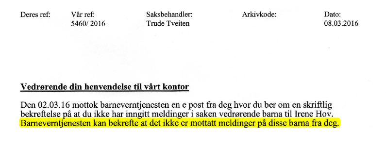 Barneverntjenesten i Skedsmo kommune avviser påstandene om at Kristin Bruun skal ha meldt bekymring for Irene Hov.