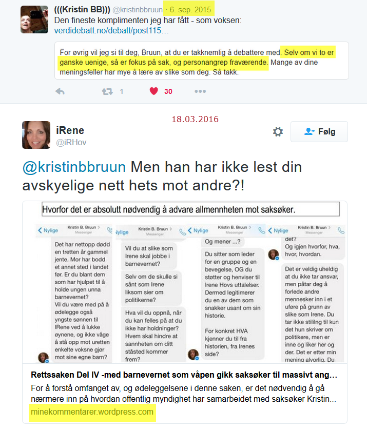 Irene Hov oppsøker og skriver om Kristin Bruun over alt hvor hun kan komme til. Når Bruun får positiv omtale, forsøker Irene Hov å ødelegge Bruuns omdømme.