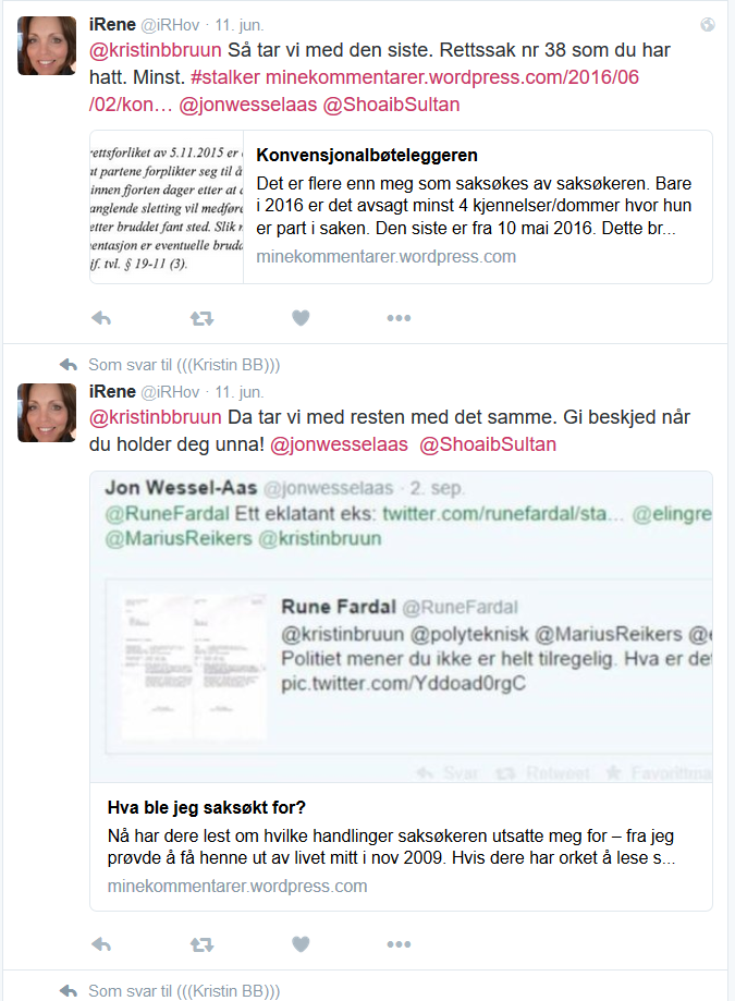 Irene Hov oppsøker Kristin Bruun på twitter, lenker til hetsbloggen om Bruun