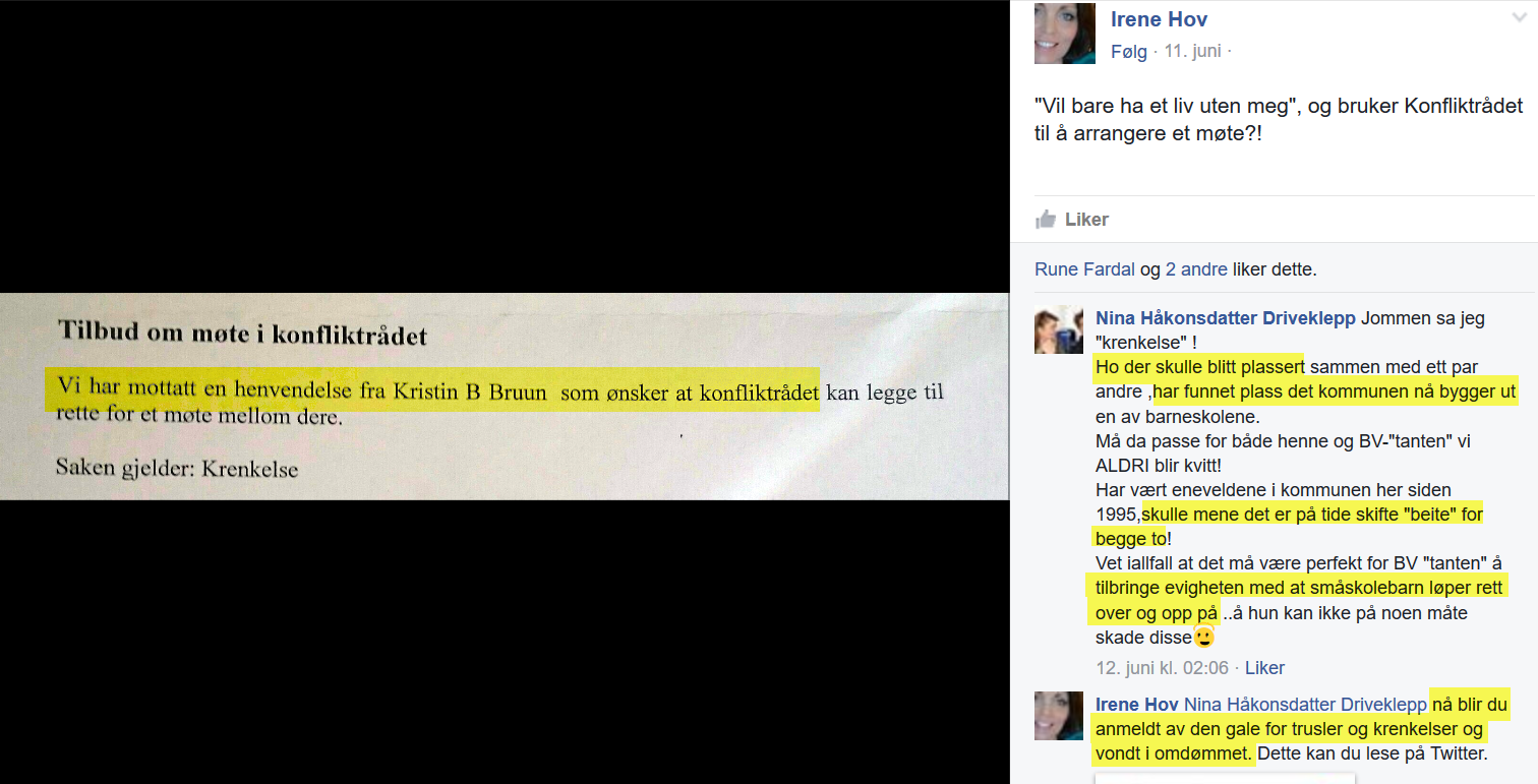 Irene Hov tillater og støtter opp under trusler mot Bruun på hennes egen Facebookside.