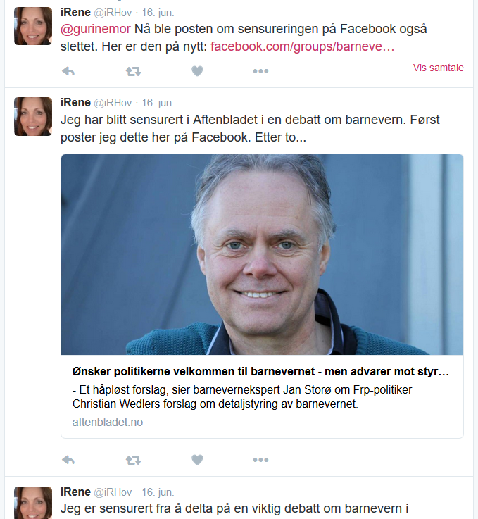 Irene Hov føler seg veldig krenket over å bli sensurert fra et kommentarfelt som er grundig lei hennes ulogiske og usaklige anti-barneverns- og anti-Kristin Bruun-utgytelser