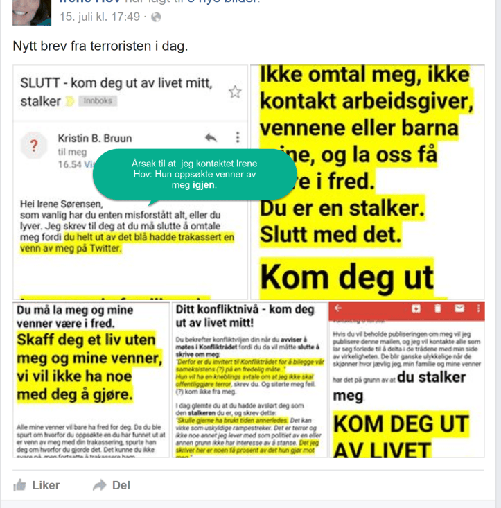 Irene Hov er så besatt av Bruun, at hun motsetter seg å få fred for Bruun. Hun innrømmer at hun ikke VIL slutte å skrive om Bruun, mens hun publiserer at Bruun ønsker et liv UTEN Irene Hov.