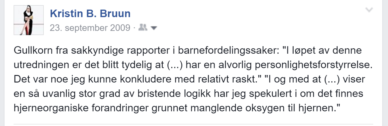 Irene Hov sendte selv Bruun sitatet fra rapporten. Dette må ha fremkommet på slutten av rapporten, som Bruun aldri så på. Bruun publiserte det anonymisert på Facebook etter Irene Hovs ønske.