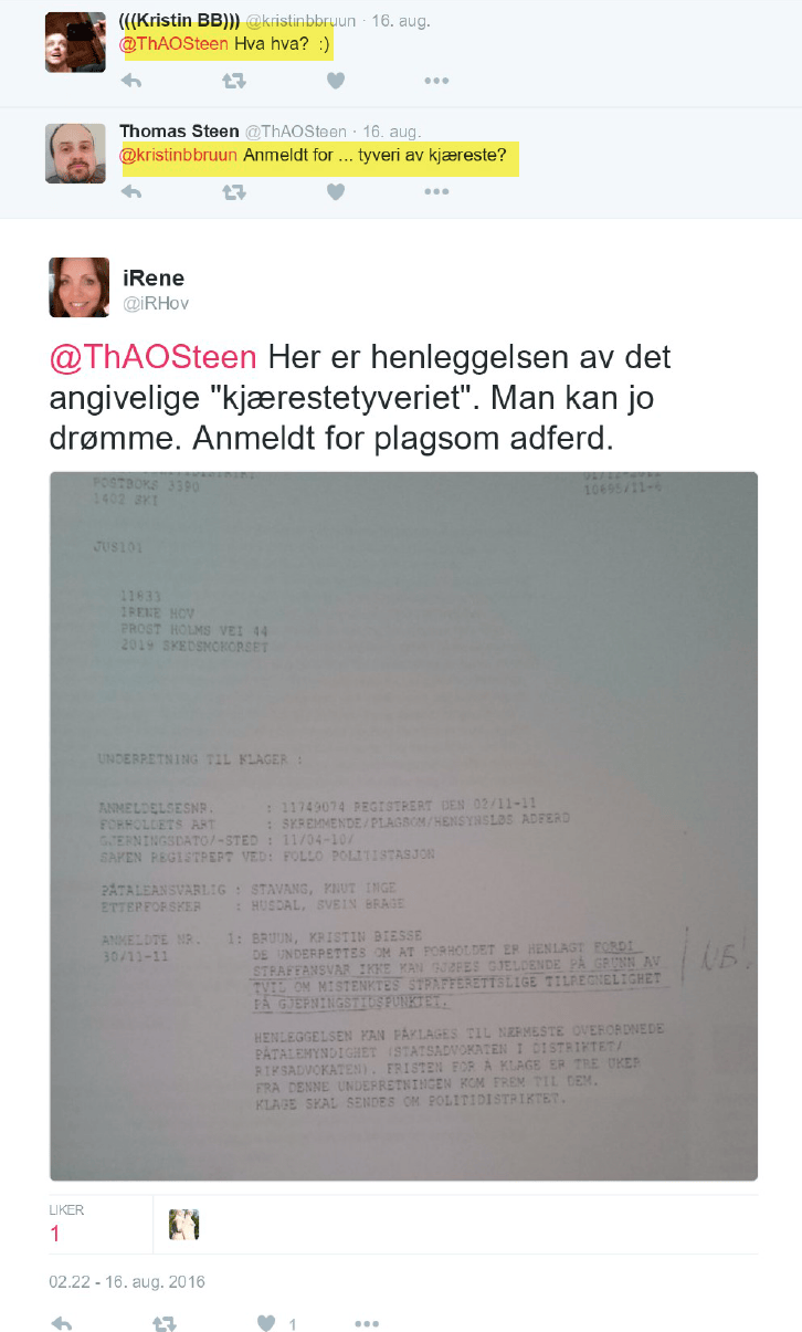 Irene Hov avslørte sin overvåkning av Bruun da hun trådte inn i en twittertråd mellom Bruun og en annen, og publiserte den ugyldige henleggelsesmeldingen - plagsom atferd - som gjaldt seks av de syv ikke-etterforskede anmeldelsene.